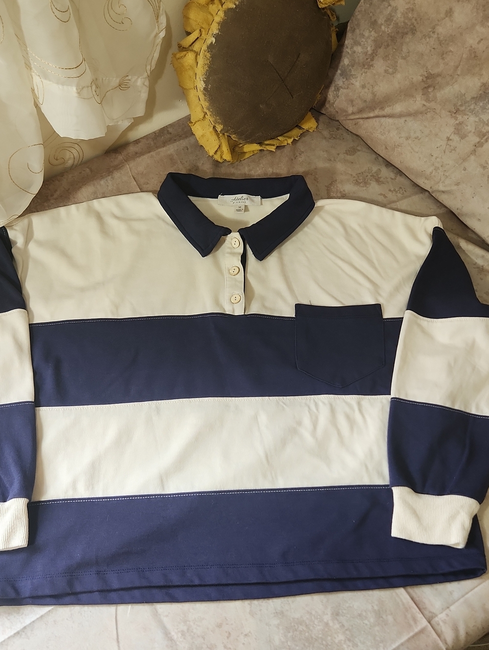 Striped Navy & White Cropped Rugby Polo Top - Casual Women's Crop